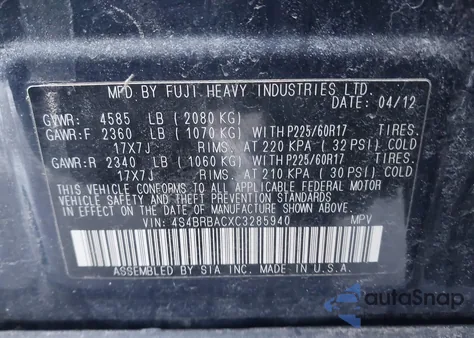 2012 Subaru Outback 2.5I from USA, damaged, VIN 4S4BRBACXC3285940